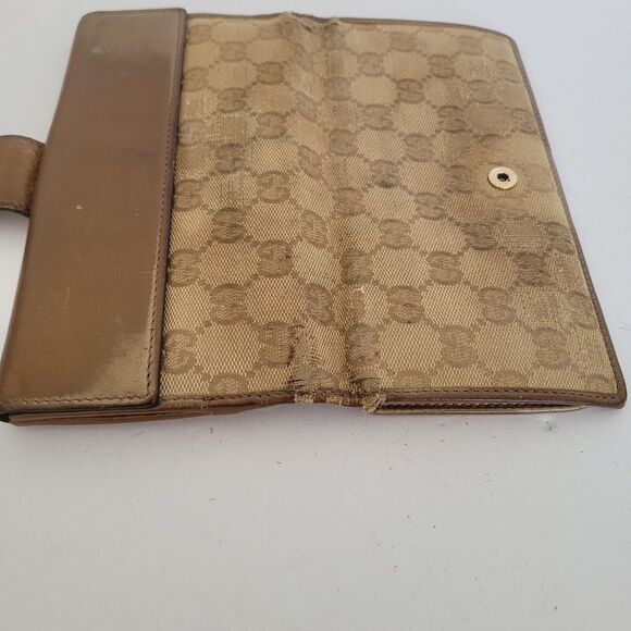 GUCCI Signature Heart Wallet Purse Leather Canvas Clutch Large Beige Tan Fair - Picture 7 of 12